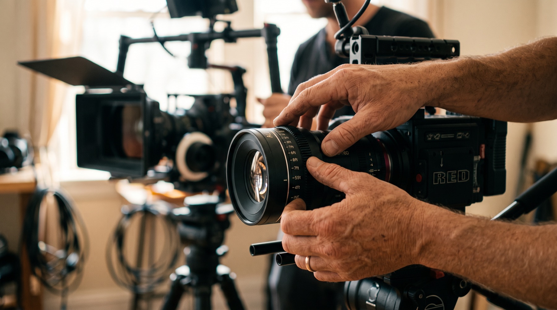 Ajustando la óptica de una cámara de cine durante un rodaje
